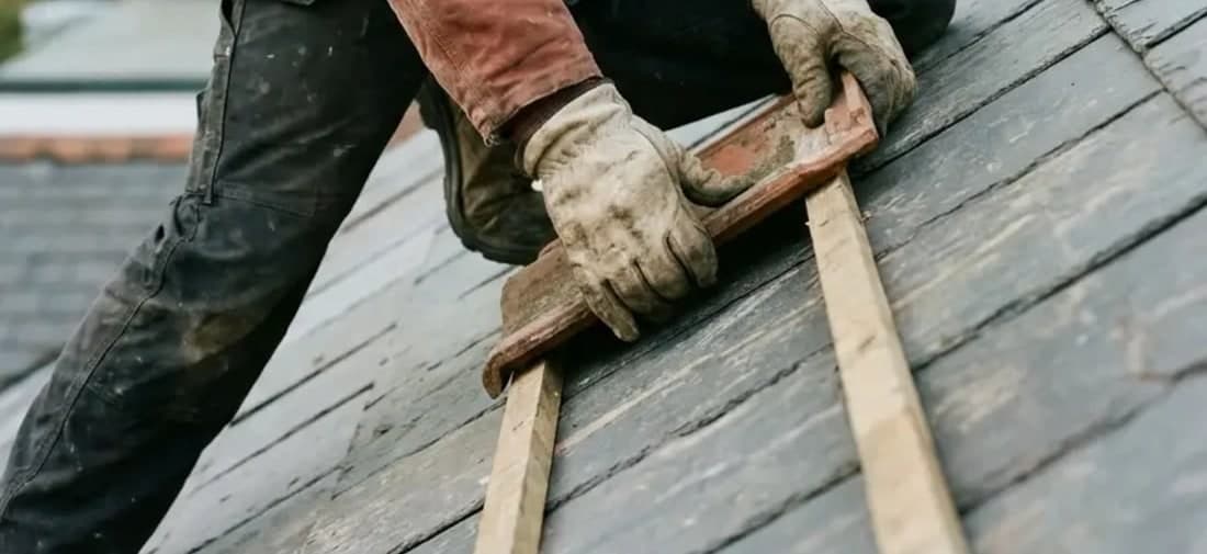 Dachdecker legt eine Latte auf dem Dach an