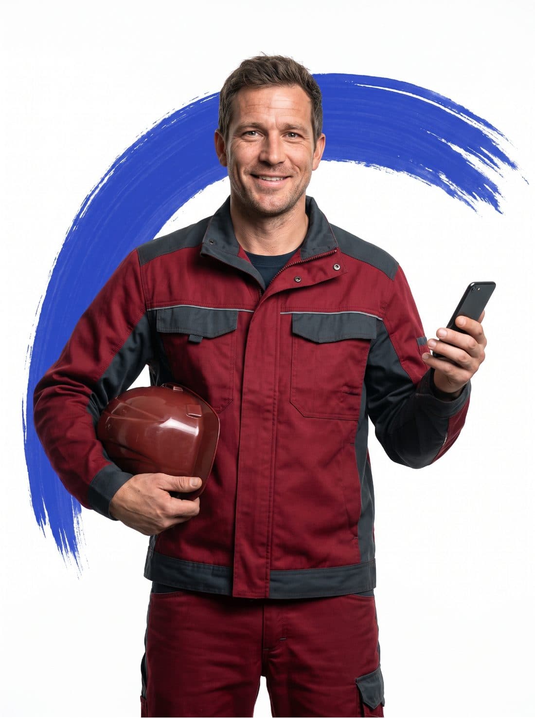 Handwerker mit Helm und Handy