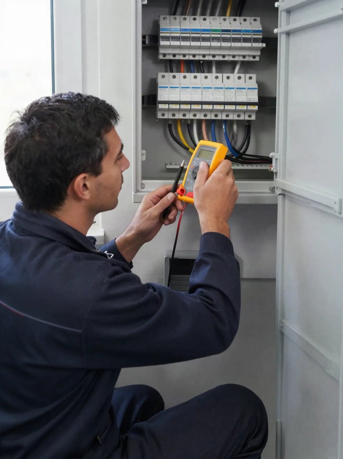 Elektriker misst am offenen Verteilerschrank mit dem Multimeter