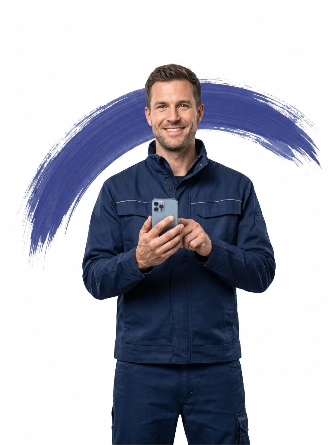 Fensterbauer in dunkelblauer Arbeitsjacke mit dem Handy in beiden Händen