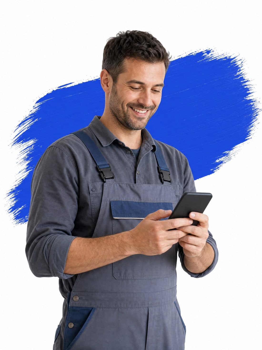 Handwerker nutzt Büromeister auf dem Handy