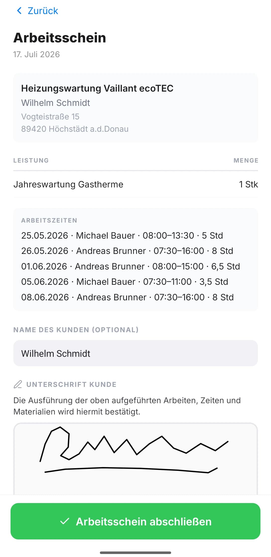 Büromeister-App: Arbeitsschein mit Arbeitszeiten und Unterschrift des Kunden