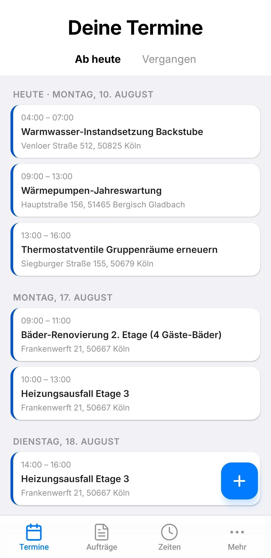 Büromeister-App: Deine Termine mit Uhrzeit und Adresse je Einsatz