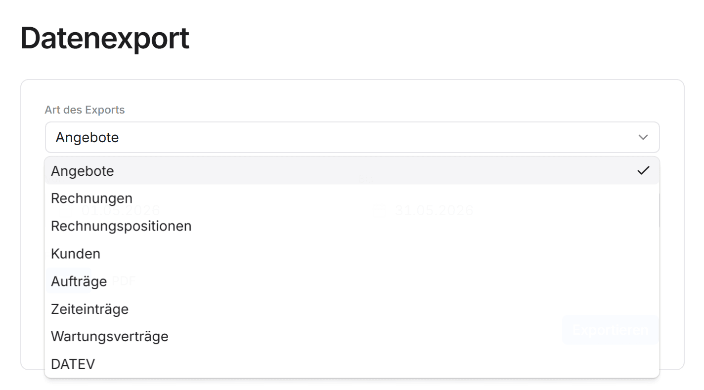 Datenexport-Seite in Büromeister: aufgeklapptes Auswahlmenü mit acht Export-Typen von Angeboten bis DATEV
