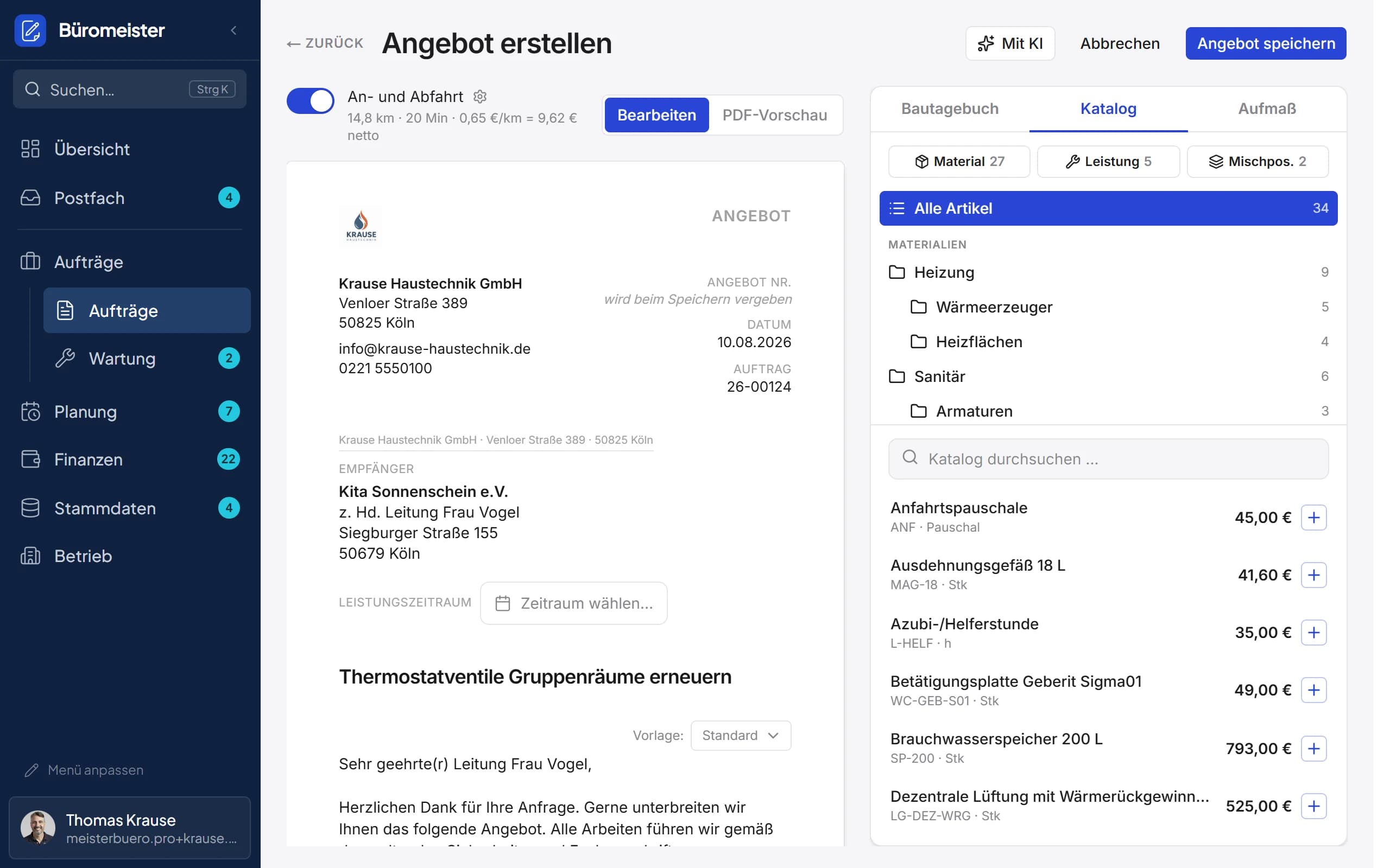 Angebot mit Positionen für Ständerwand und Decke