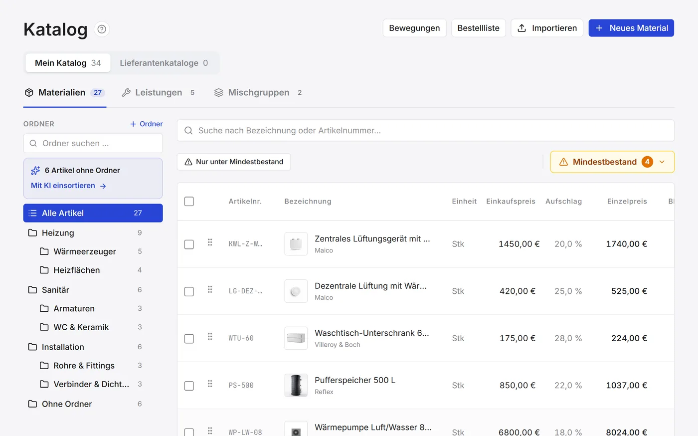 Katalog mit Leistungen, Artikeln und eigenen Preisen