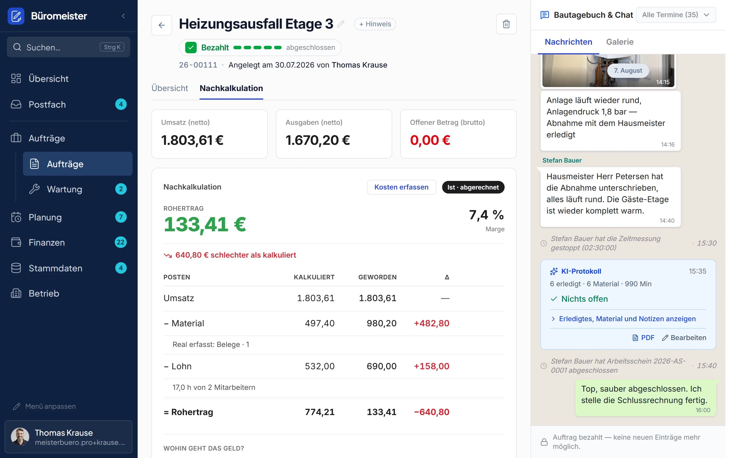 Nachkalkulation mit Plan-Ist-Vergleich und Rohertrag